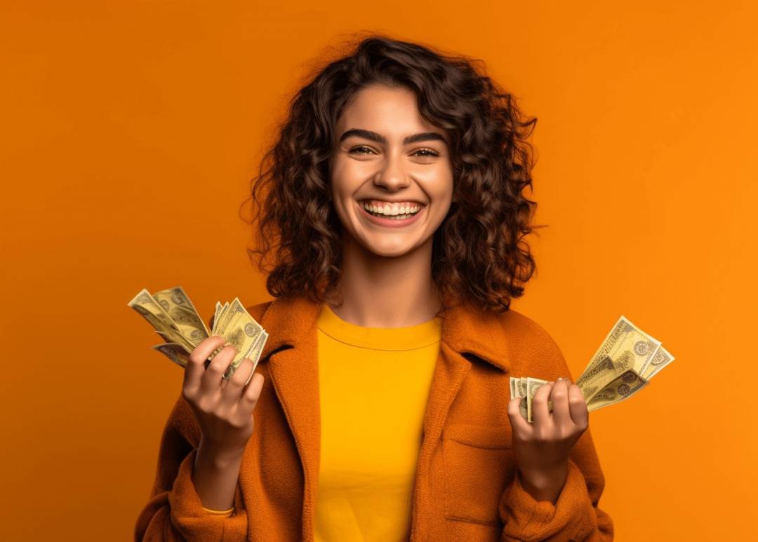 Une femme avec des billets dans les mains, car elle a trouvé de l’argent rapidement